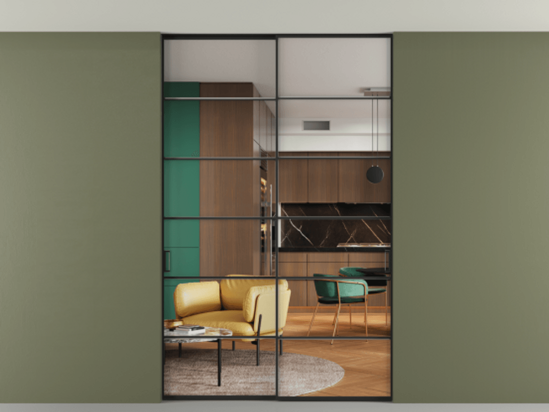 Перегородка Формато внутри проёма скрытое крепление в потолок 2 створки АЛПР 040.04 Алюминий Черный Прозрачное стекло "Кристал Вижн", калёное Цена 313880 ₽ | Volhovec