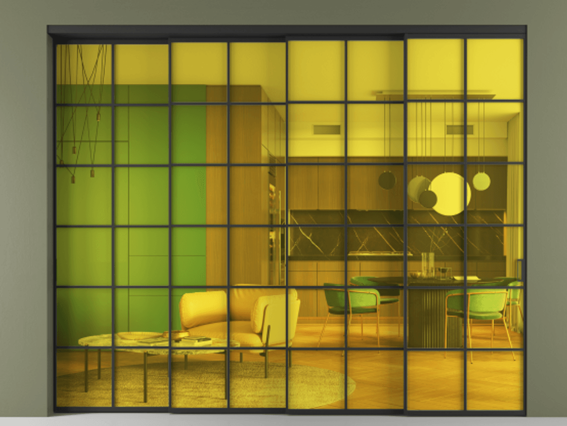 Перегородка Formato внутри проёма 4 створки с синхронным механизмом АЛПР 040.05 Алюминий Черный Прозрачное жёлтое стекло, триплекс Цена 465780 ₽ | Volhovec