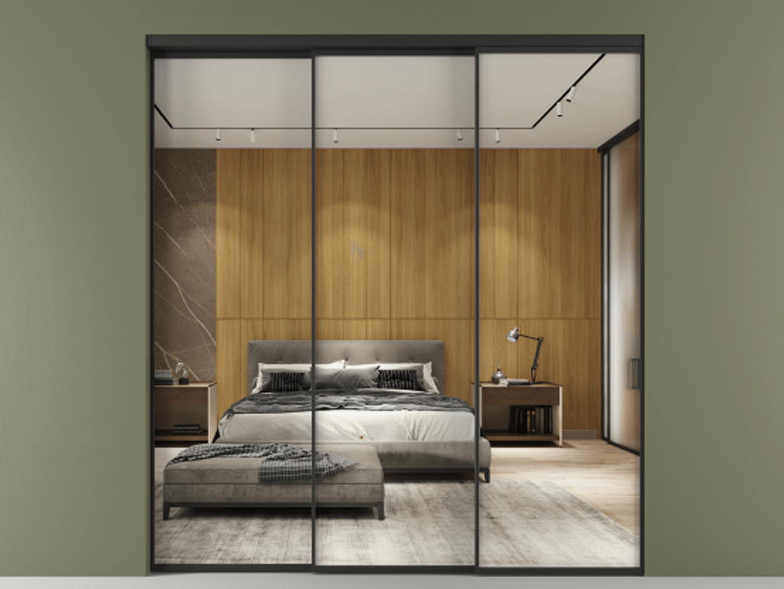 Перегородка Формато внутри проёма 3 створки с синхронным механизмом АЛПР 040.01 Алюминий Черный Двустороннее зеркало, триплекс , триплекс 6 мм Цена 355900 ₽  | Volhovec