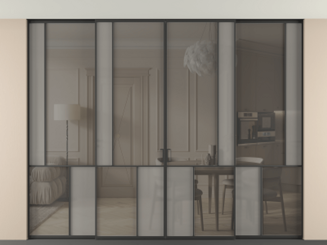 Перегородка Мозаик внутри проёма скрытое крепление в потолок 4 створки АЛПР 041.21 Алюминий Черный Сатинированное серое стекло, триплекс, 6 мм + Прозрачное серое стекло, триплекс Цена 574140 ₽ | Volhovec