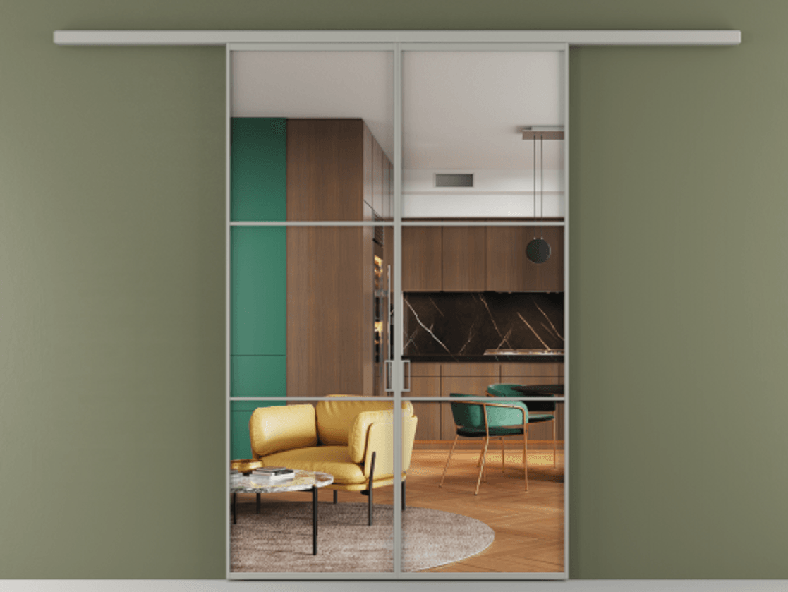 Перегородка Formato вдоль стены 2 створки АЛПР 040.03 Алюминий нейтральный серый Прозрачное стекло "Crystal Vision", калёное Цена 249000 ₽ | Volhovec